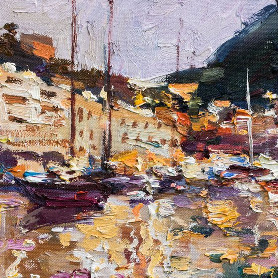 Sailing yachts in Monaco bay - Original oil painting