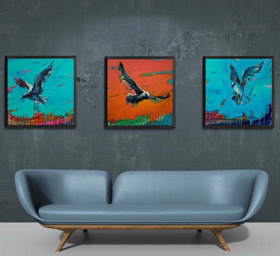 Huge bright triptych - "Sea ​​breeze" - Pop Art - Bird - Sea - Ocean - Seagull - Triptych - Sunset