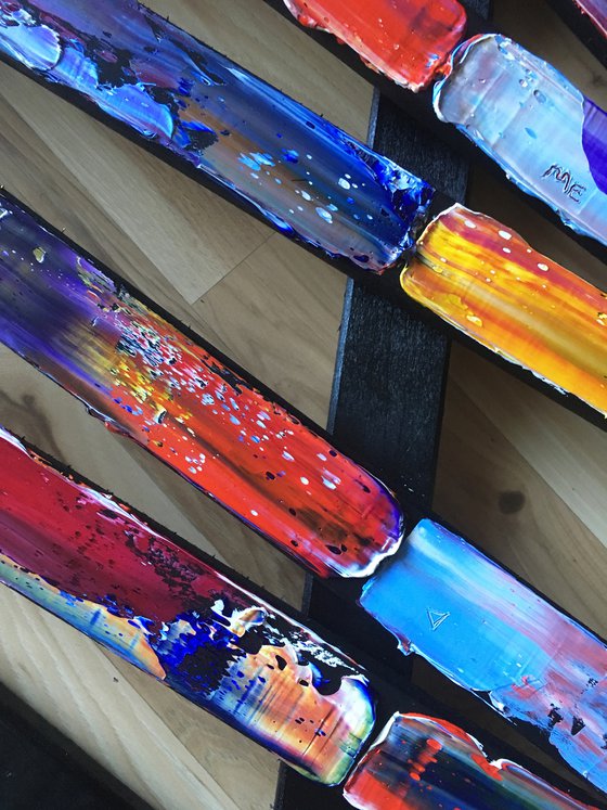 "Going Out With A Bang" - Save As A Series - Original PMS Sculptural Mixed Media Painting Assemblage Triptych On Wooden Panels and Wooden Fragments - 81 x 54 inches