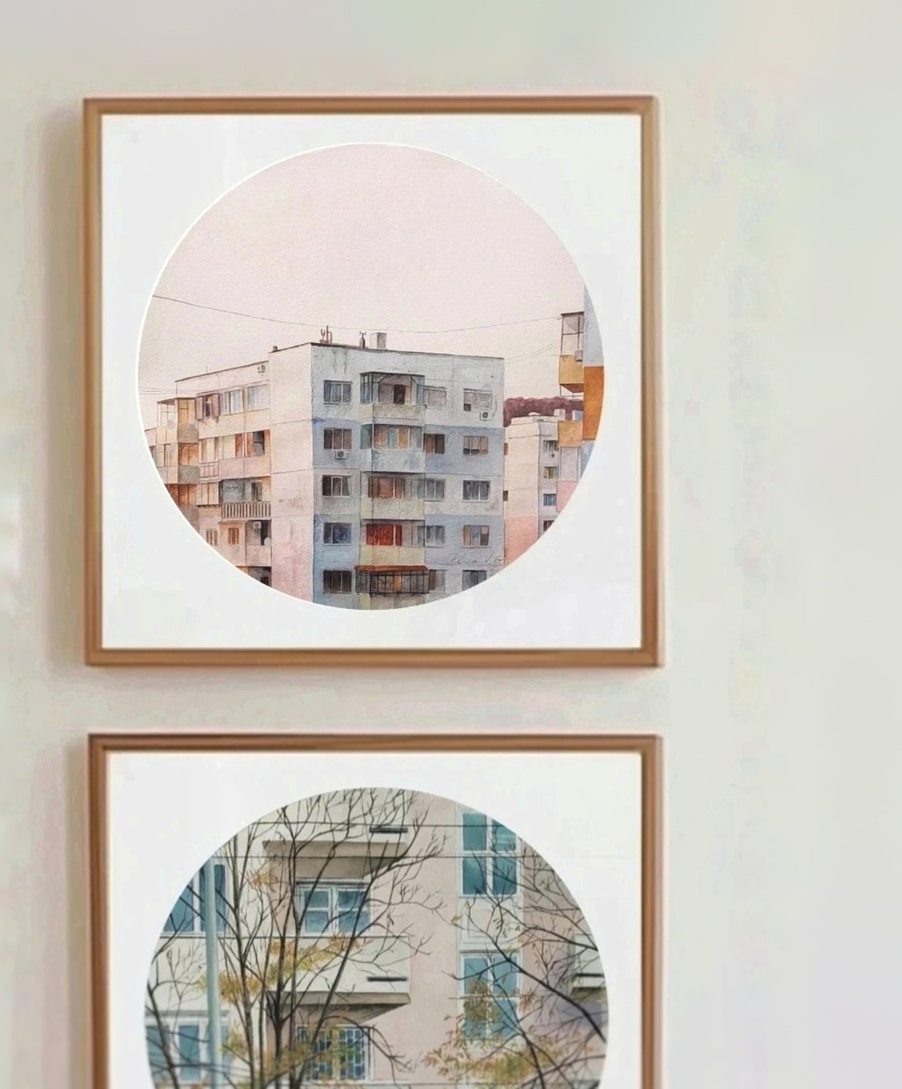 Photorealistic Cityscapes Watercolour By Elina V.g., 13 X 13, Soft Pink Moments, Original Artwork