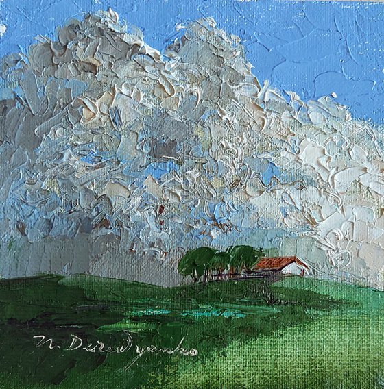 Barn oil painting original 4x4, Sky clouds Landscape miniature small art framed - Don't try to be what you're not