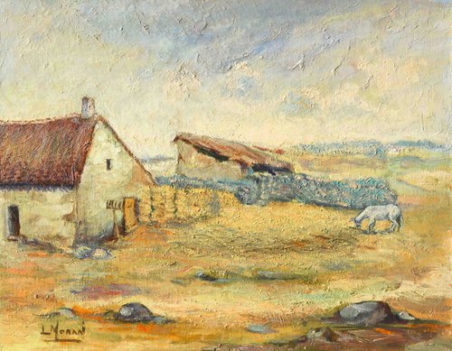 Vintage Farm Barn and Donkey | Countryside painting | Vintage Farm Scene | Rustic Village | Farmhouse Art by Jose Moran Vazquez