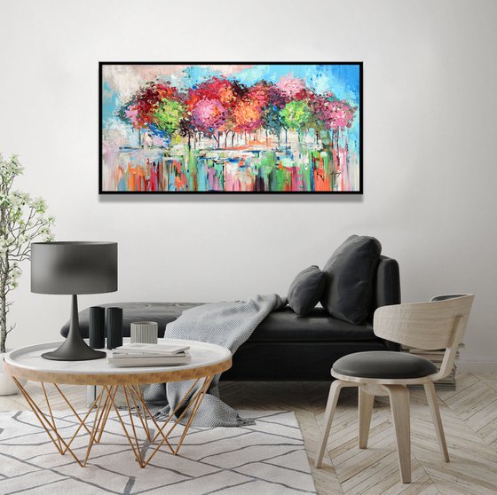 Forest Energy - Original Abstract Tree Painting, Colorful Trees Painting, Large Original Nature Landscape Modern Texture Painting Boho Wall Art Living Room Decor - Size: 48 x 24 inches (120 x 60 cm)