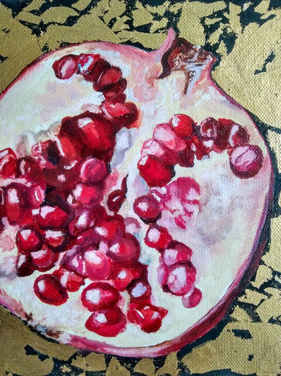 Pomegranate fruit in gold, 20x20 cm. (Ready to hang).