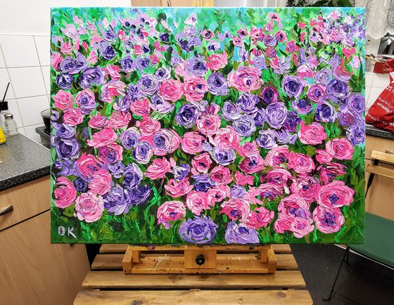 FIELD OF PURPLE PINK WHITE  ROSES  palette knife modern decor MEADOW OF FlOWERS, LANDSCAPE,  office home decor gift