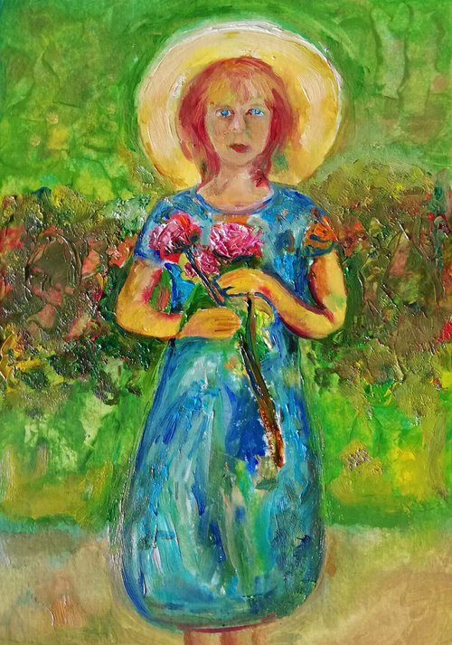 "Girl with Flowers" Original Oil on Paper Artwork by Katia Ricci