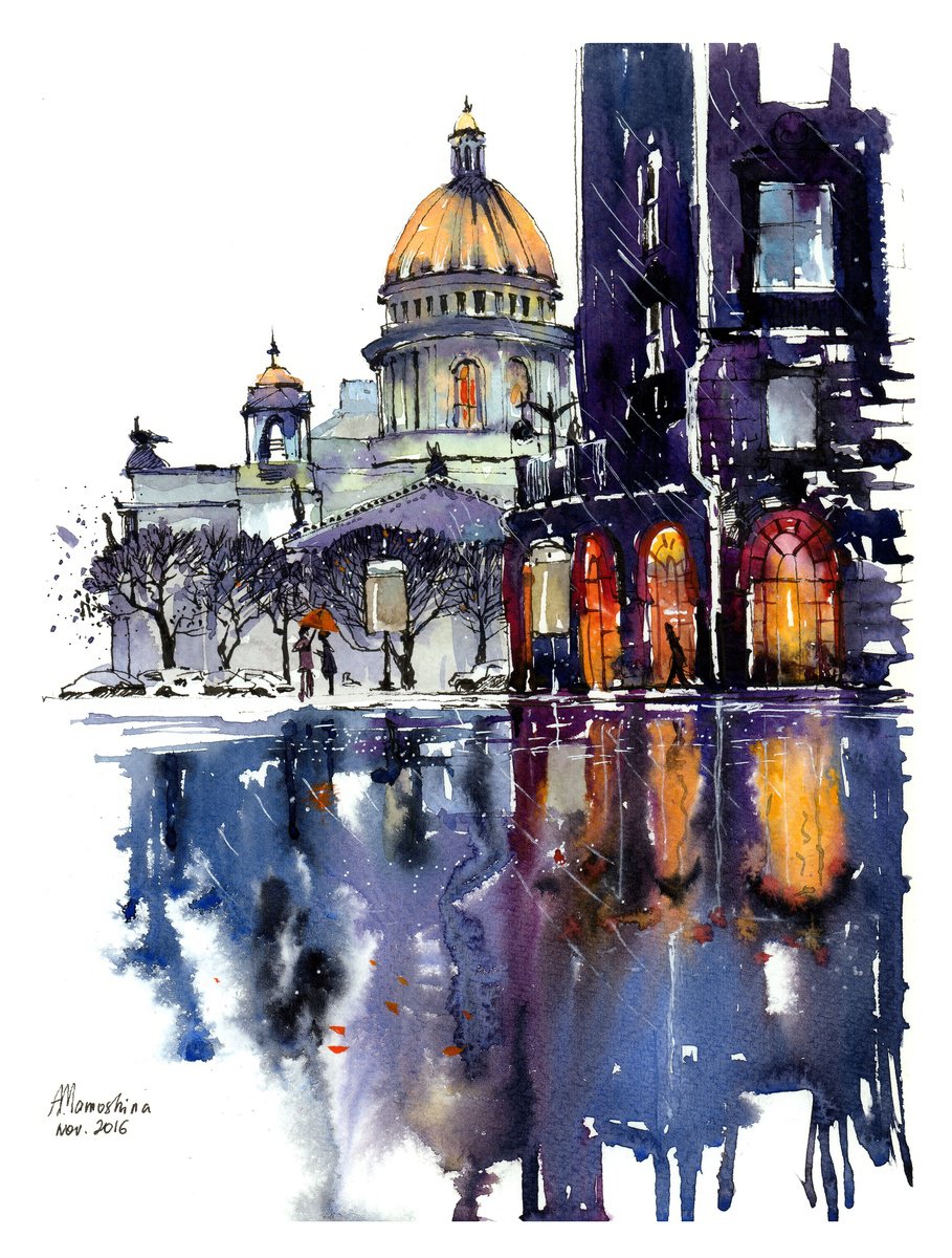 Impressionistic Cityscapes Watercolour By Anastasia Mamoshina, 9 X 12, Melody Of The Rain, Original Artwork