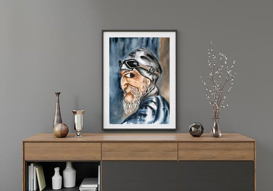 Pilot Painting Aviator Original Art Old Man Watercolor Portrait Artwork Small Home Wall Art 8 by 12" by Halyna Kirichenko