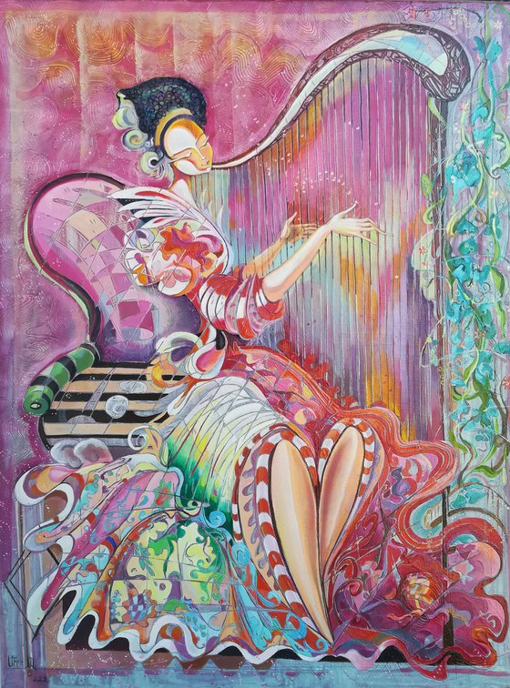 The harpist (60x80cm, oil painting, modern art, ready to hang)