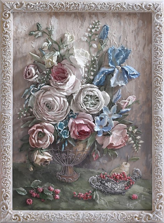 Gifts of nature * 50 x 70 cm * Sculpture painting flowers from plaster * 2017 Painting by Evgenia Ermilova