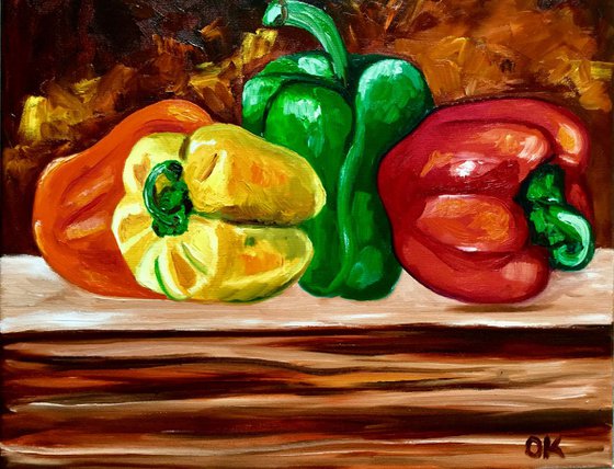 Peppers. Still life, vegetables, oil painting