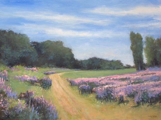 Pink Flower Field 210518, flower field impressionist landscape oil painting