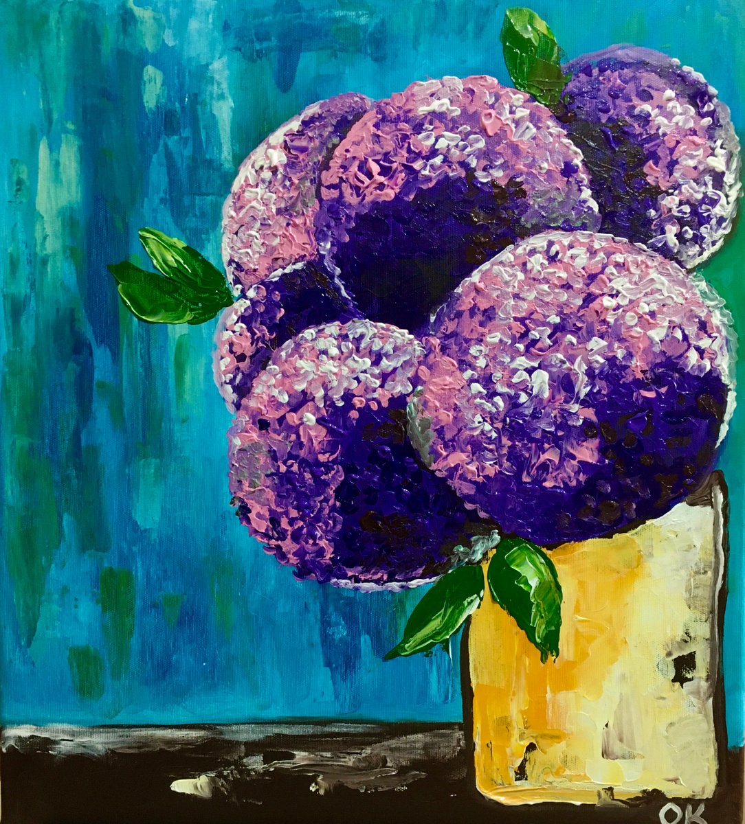 Purple and Pink hydrangea on turquoise in a yellow vase palette knife Original Acrylic p... by Olga Koval