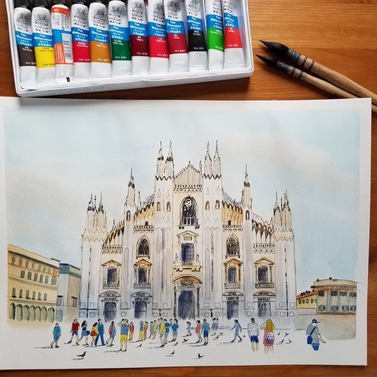 Original Watercolor and Ink Painting, top Duomo di Milano