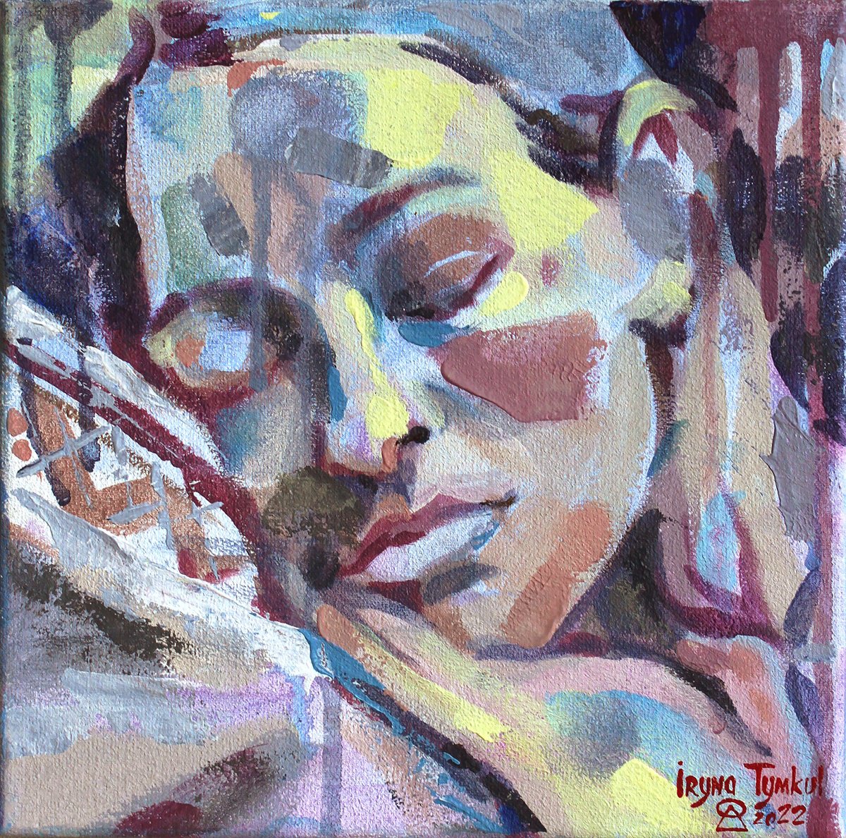 Expressive Portrait Acrylic Painting By Iryna Tymkul, 8 X 8, Dream Of Peace (2022), Original Artwork