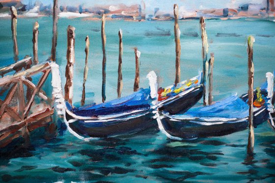 Venice. Gondolas parking. Original oil painting small size italy travel landscape view sea seascape romantic venezia boats trip interior decor gift blue calm