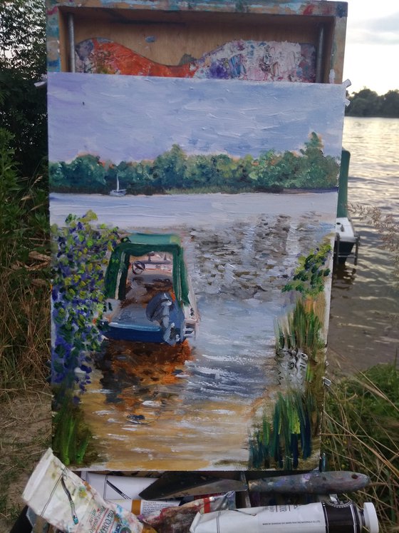 Motorboat on the river. Plein air painting