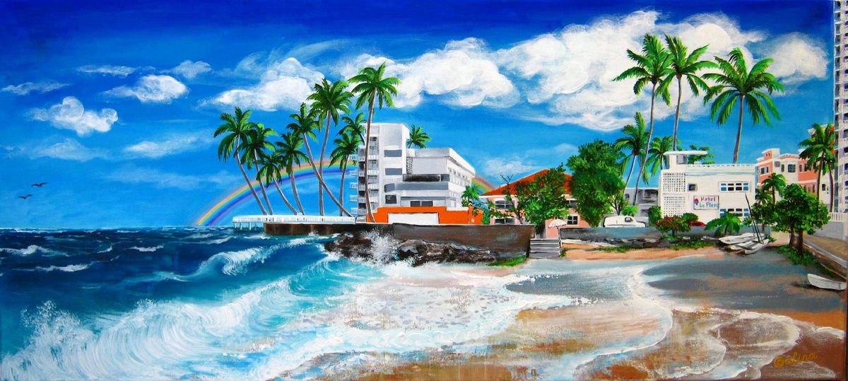Illustrative Landscape Acrylic Painting By Galina Victoria, 36 X 16, Isla Verde, Original Artwork