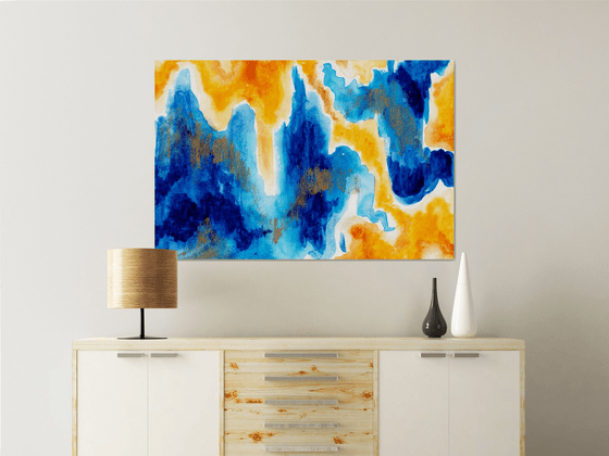 "Ice and Fire" landscape, original acrylic painting, abstract art, office home decor, gold, blue, yellow