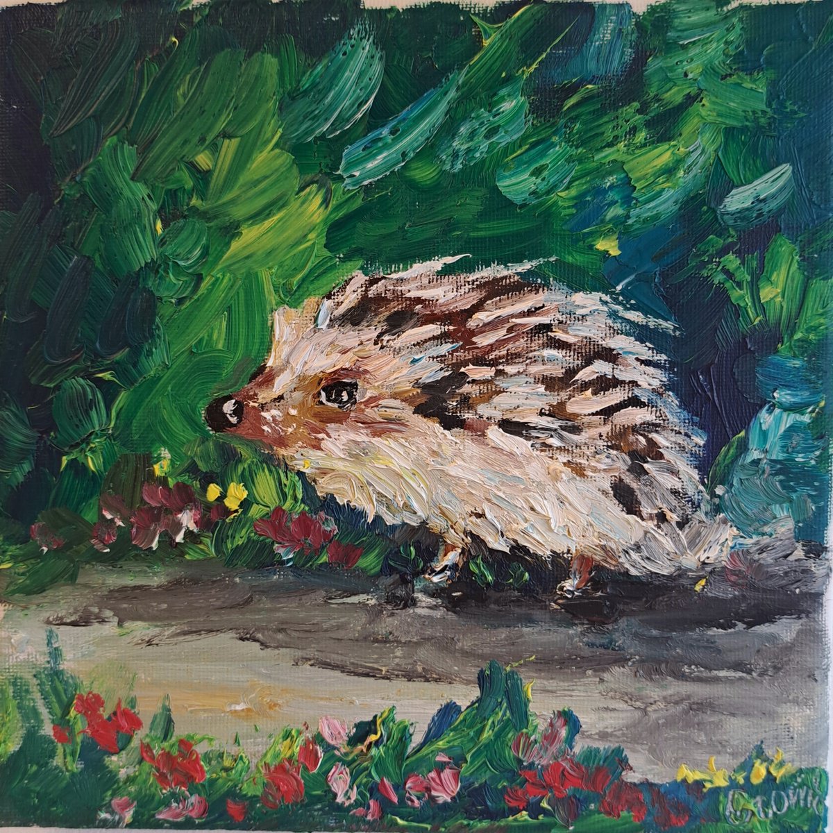 Impressionistic Animal Oil Painting By Oksana Fedorova, 8 X 8", Hedgehog In The Forest, Original Artwork