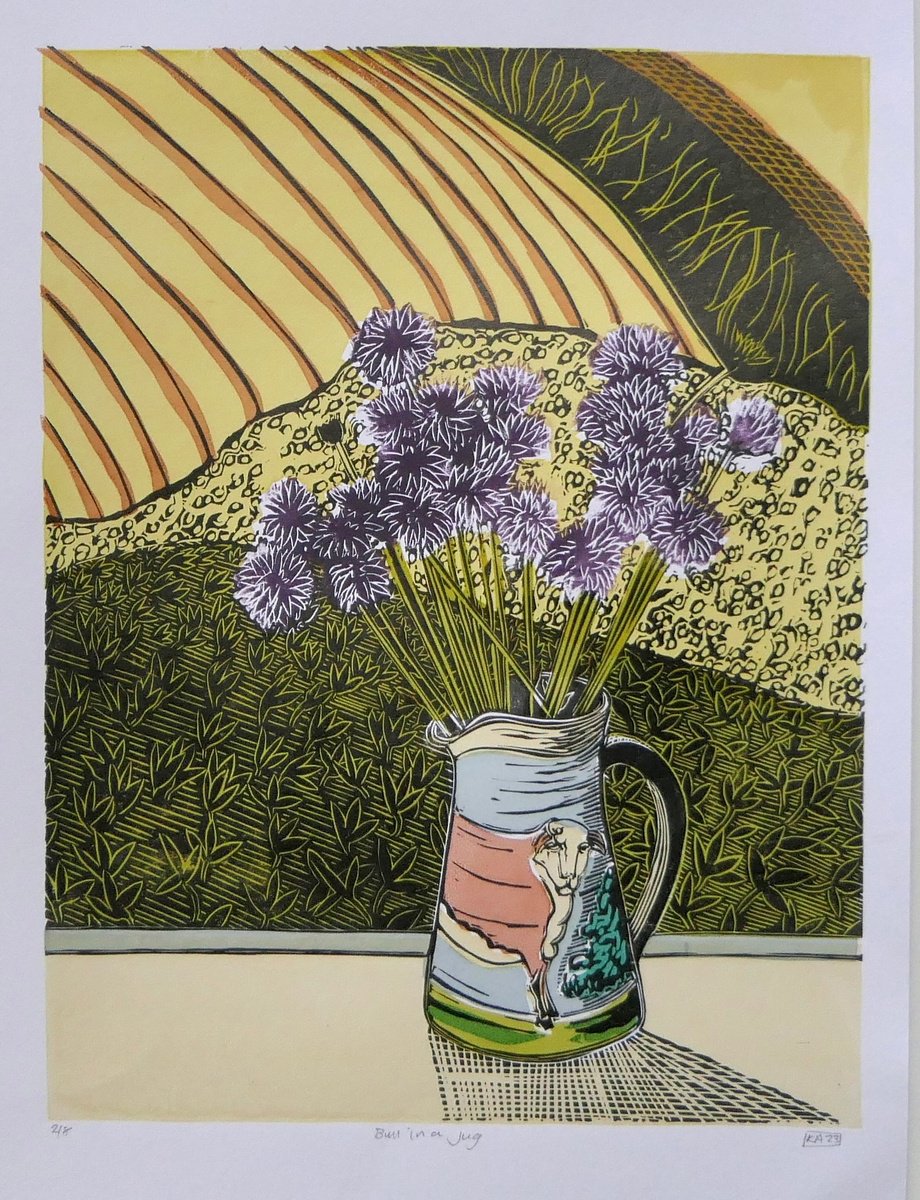 Illustrative Botanical Linocut By Keith Alexander, 20 X 24", Bull In A Jug, Original Artwork