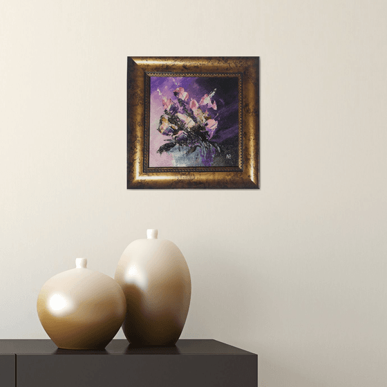 Abstract floral composition, original small framed oil painting gift idea, art for home