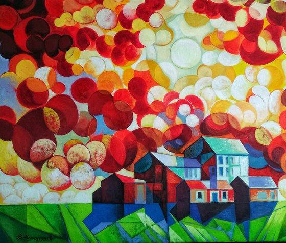 A unique day (80x90cm, cubism, oil painting, ready to hang)