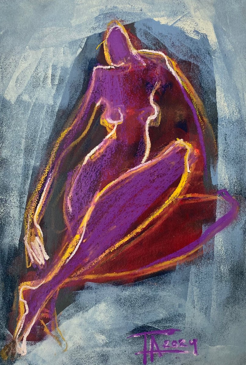 Impressionistic Portrait Pastel Drawing By Tatjana Auschew, 13 X 20", Nude In Purple., Original Artwork