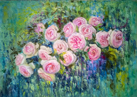 Exquisite floral semi-abstract painting. Roses on an abstract background.