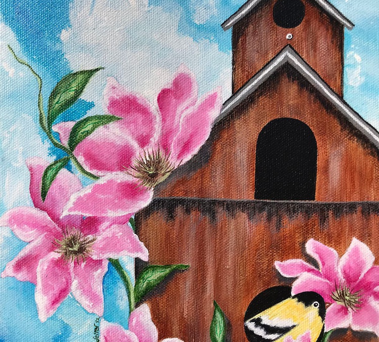 Goldfinch Clematis Birdhouse Acrylic Painting Artfinder