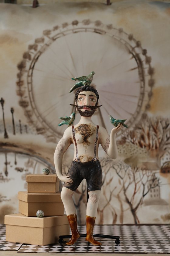 Charming Gentlemen with birds. Vintage Strongman. Wall sculpture