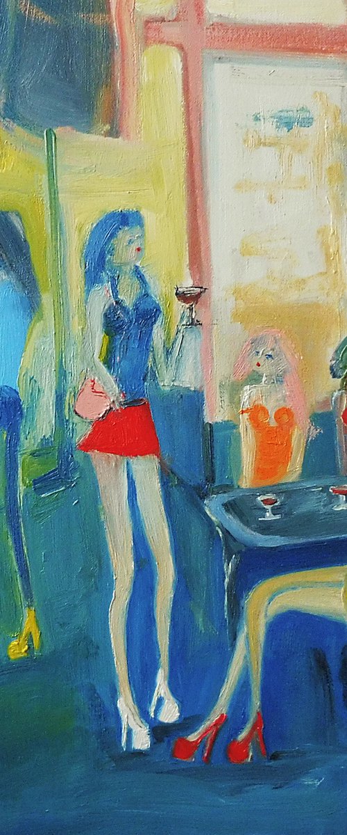 GIRL RED MINI SKIRT, WINE with GIRLFRIENDS. Original Oil Figurative Painting. Varnished. by Tim Taylor