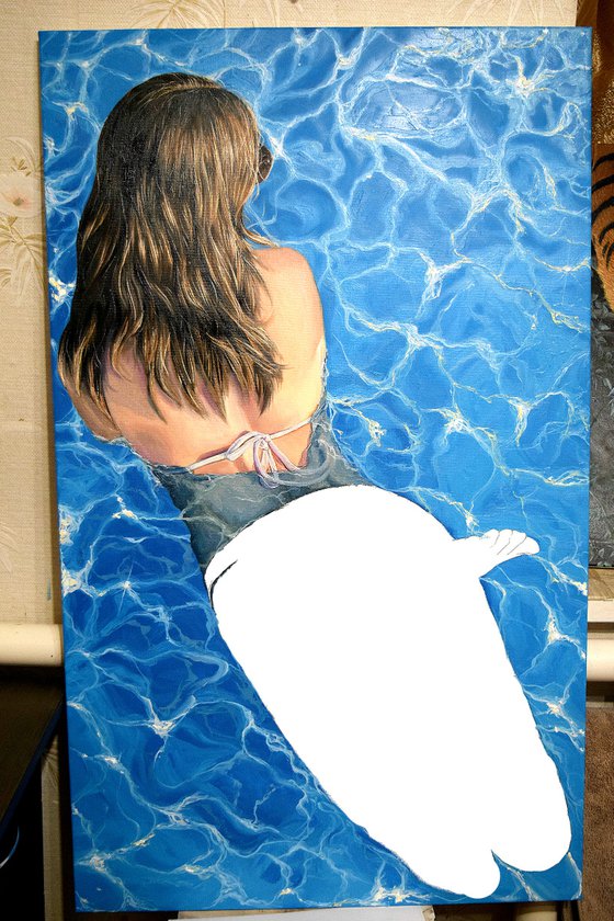 "My sweet august" -  100 x 60 cm / woman in pool, photorealism, water, summer, realistic, swimmer