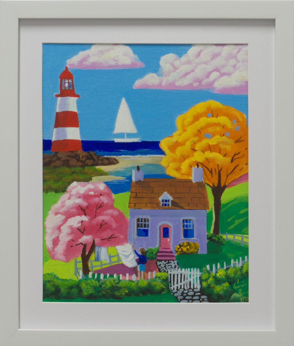 Naive Landscape Oil Painting By Gordon Bruce, 11 X 13, Folk Art Lighthouse Scene, Original Artwork