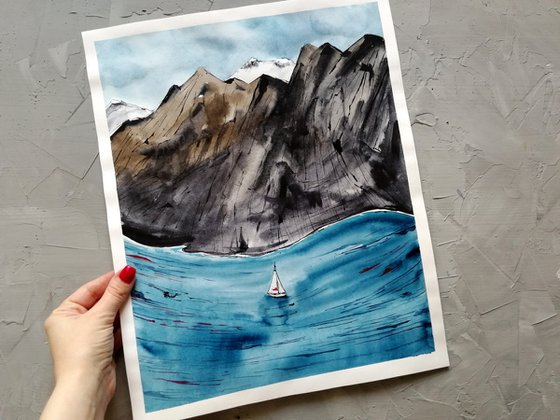 Sailboat painting/ Scandinavian landscape