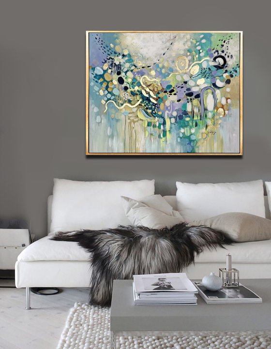 Summer Dream - Original Abstract Teal Blue Gray Gold Large Painting, Living Room Art, Minimalist Art, Wall Art Decor