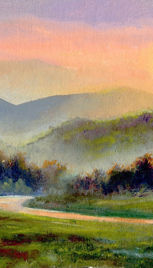 Misty mountain stream landscape by Lucia Verdejo