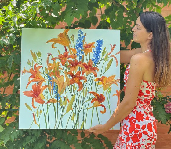 Orange Daylilies, Delphinium