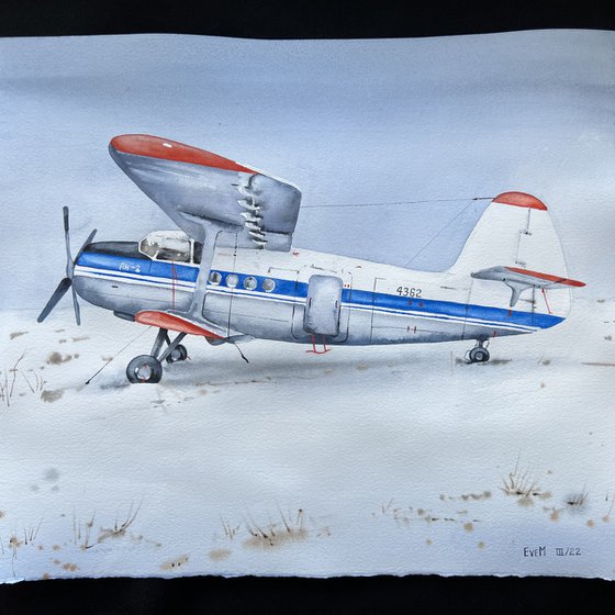 The plane is parked. Original watercolor artwork.