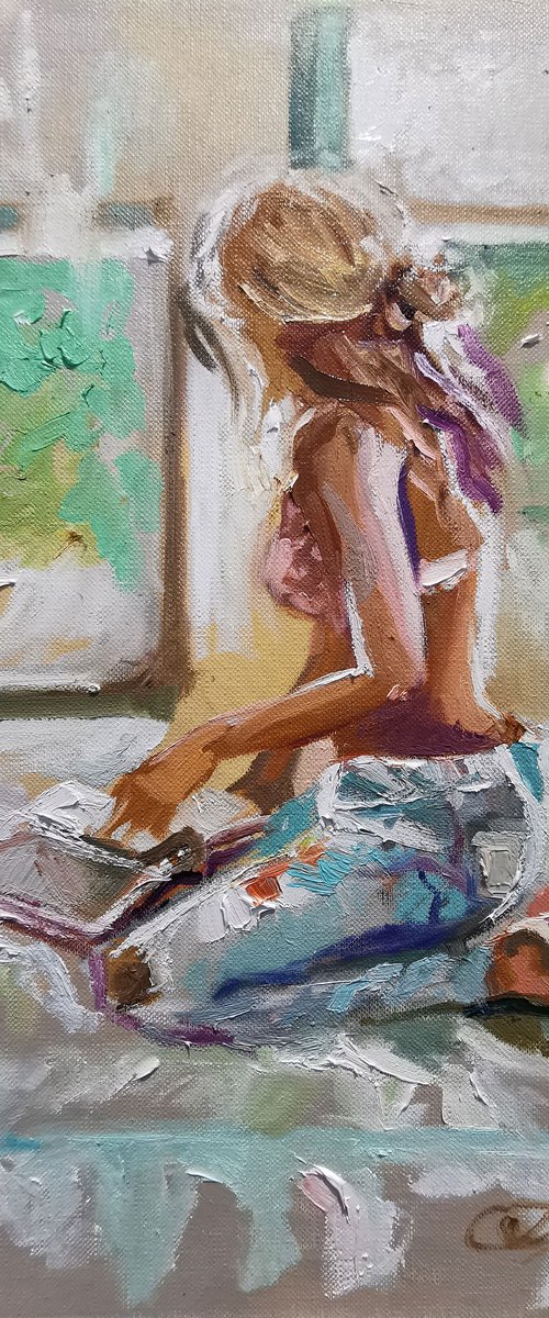 Elegance Girl at the window, original oil painting by Annet Loginova