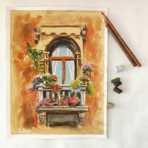 Balcony with flowers (pastel) by Olga Shefranov (Tchefranov)
