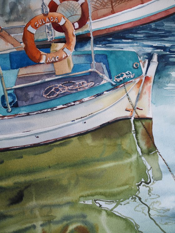 Turkish boat in the port - original seascape watercolor reflection