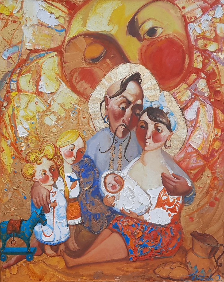 Naive Portrait Oil Painting By Oksana Zbrutska, 24 X 30", "Meeting", Original Artwork