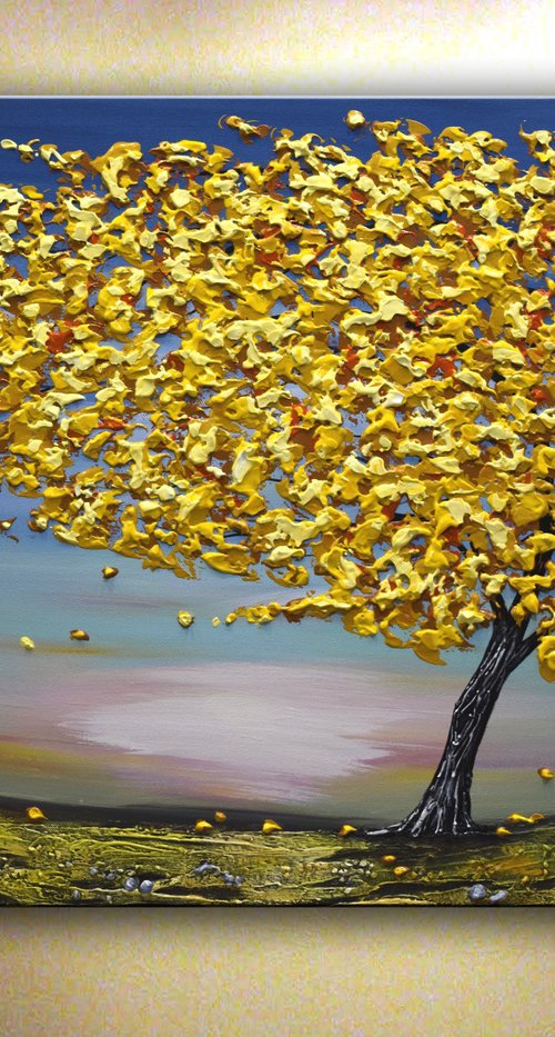I keep my leaves - Original Textured Fall Tree Painting by Nataliya Stupak