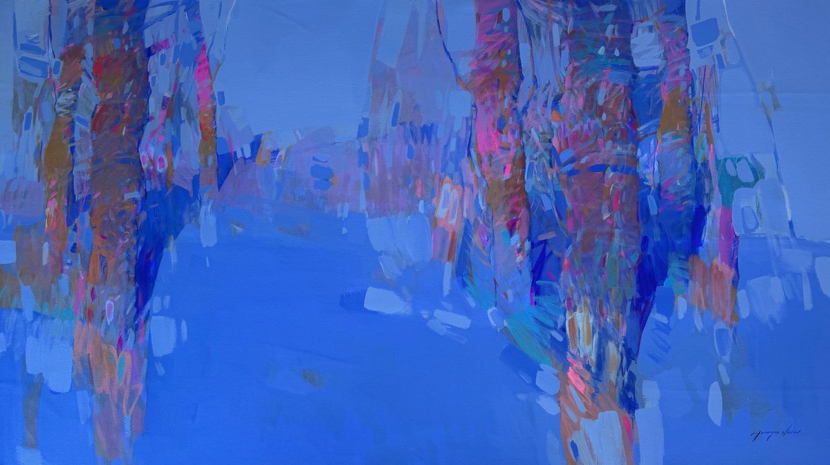 Impressionistic Landscape Acrylic Painting By Vahe Yeremyan, 67 X 37", Moon Trees, Original Artwork