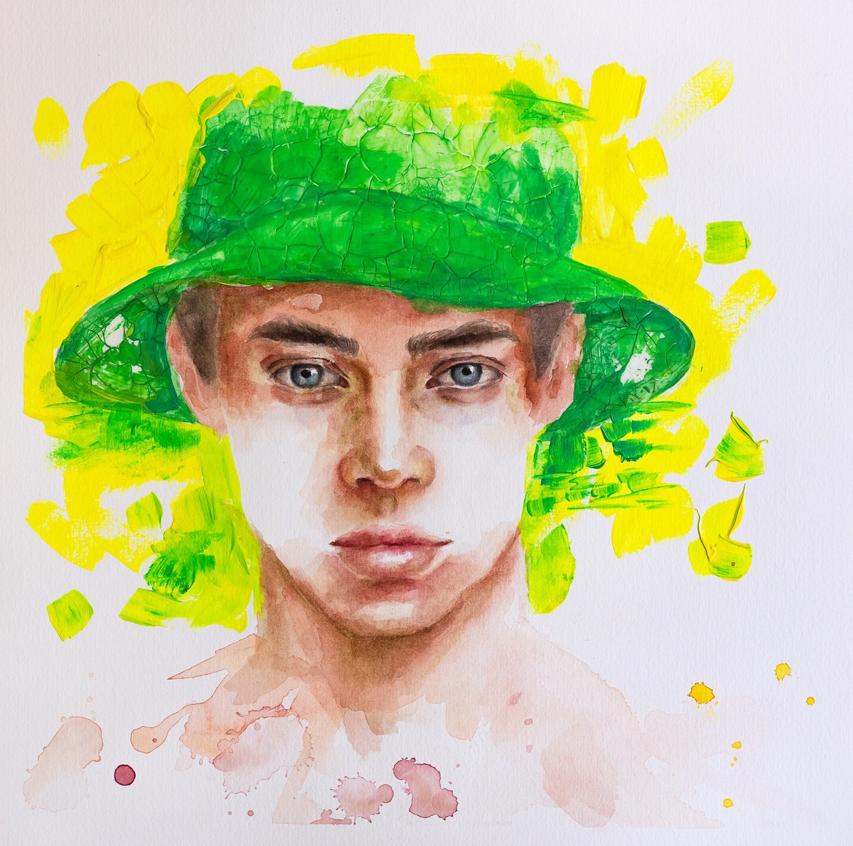 Expressive Portrait Watercolour By Anastasia Bas, 12 X 12, Green Mood, Original Artwork