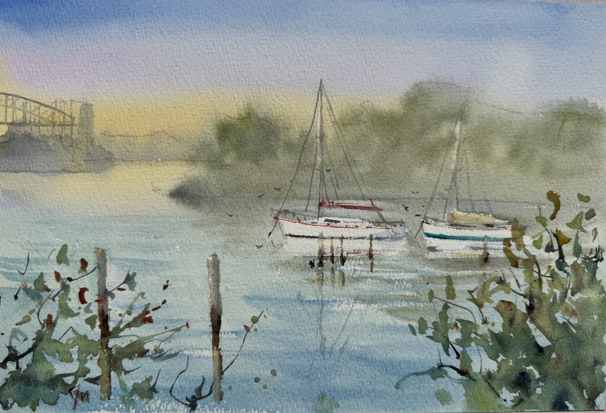 Impressionistic Landscape Watercolour By Shelly Du, 12 X 8", Sydney Harbour - Another Perfect Morning At Berrys Bay, Artfinder