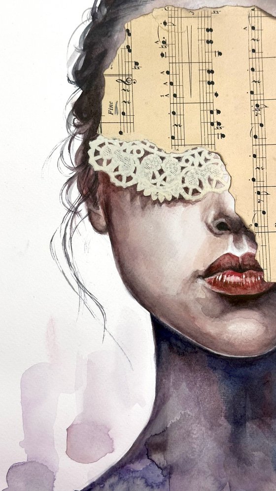 Watercolor Female Portrait Music Collage