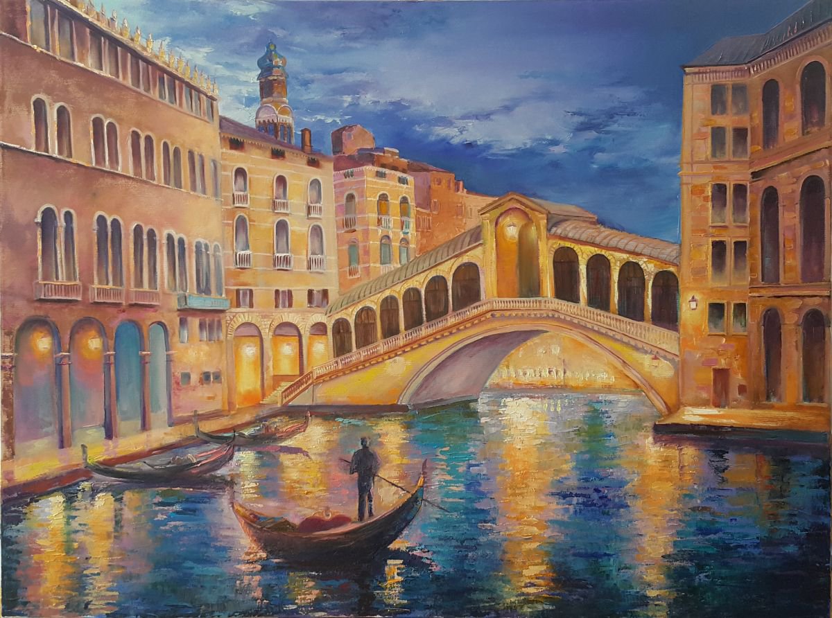 Impressionistic Cityscapes Oil Painting By Mary Voloshyna, 31 X 24", Bridge Of Rialto. Twilights, Original Artwork