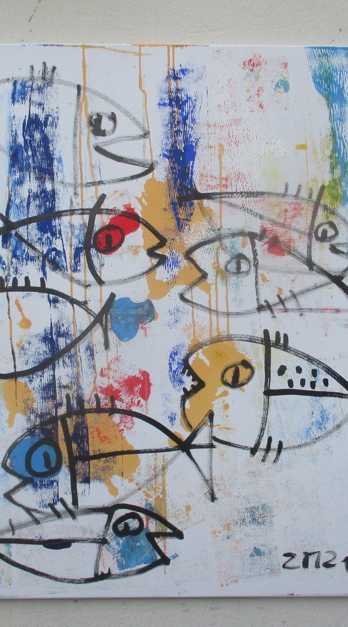 coloured fishes jumping  - acrylpainting 80x100cm 31,5  x 39,3 inch by Sonja Zeltner-Müller